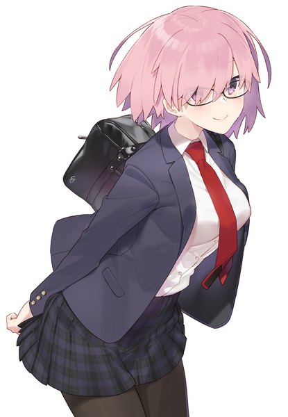 Anime picture 787x1136 with fate (series) fate/grand order mash kyrielight hayashi kewi single tall image blush fringe short hair breasts simple background smile standing white background purple eyes pink hair pleated skirt hair over one eye open clothes plaid skirt