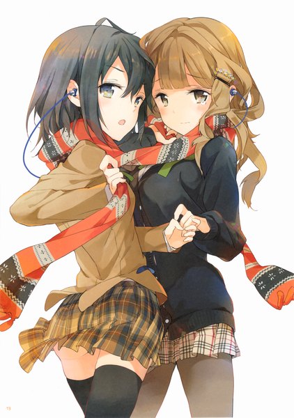 Anime picture 2837x4030 with tiv long hair tall image highres short hair open mouth black hair brown hair multiple girls brown eyes silver eyes shared scarf girl thighhighs black thighhighs 2 girls pantyhose scarf