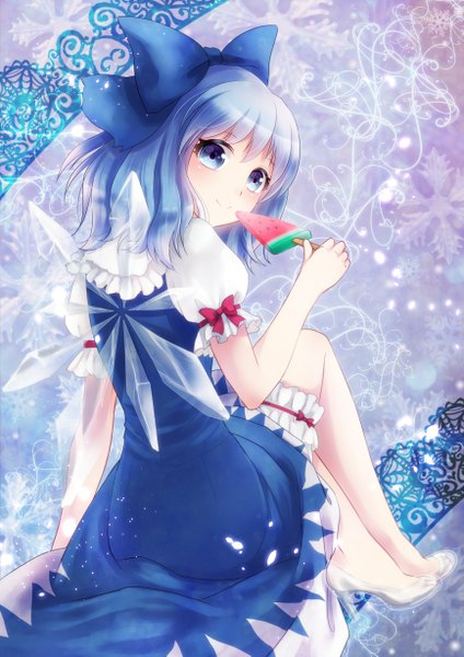 Anime picture 868x1227 with touhou cirno nunucco single tall image blush short hair blue eyes smile sitting blue hair looking away looking back girl dress wings food sweets ice cream popsicle