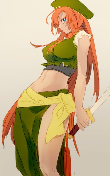 Anime picture 900x1440 with touhou hong meiling asuna (i luv) single long hair tall image looking at viewer blue eyes light erotic simple background braid (braids) traditional clothes profile orange hair grey background bare belly twin braids chinese clothes eyeshadow adapted costume