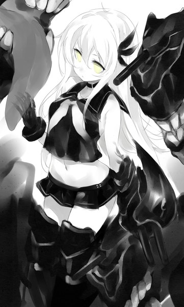 Anime picture 2410x4000 with kantai collection kisaragi destroyer kogeneko long hair tall image highres open mouth standing bare shoulders yellow eyes looking away white hair teeth bare belly monochrome pale skin girl skirt gloves navel