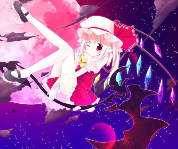 Anime picture 1975x1654 with touhou flandre scarlet zefa (neoaltemice) highres short hair blonde hair red eyes cloud (clouds) one eye closed wink loli one side up red moon girl thighhighs dress weapon white thighhighs wings bonnet