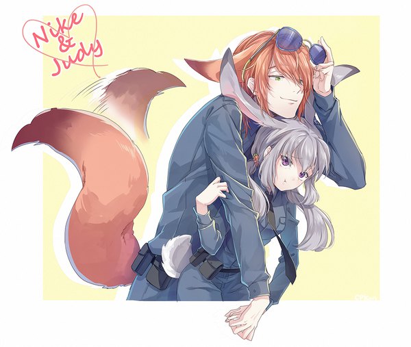 Anime picture 1000x845 with zootopia disney judy hopps nick wilde cat princess long hair looking at viewer fringe short hair simple background smile hair between eyes standing purple eyes twintails green eyes animal ears payot tail head tilt