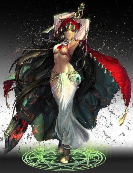 Anime picture 1024x1330 with original sangrde single tall image looking at viewer breasts light erotic black hair red eyes standing holding very long hair traditional clothes lips arms up armpit (armpits) midriff thighs magic standing on one leg