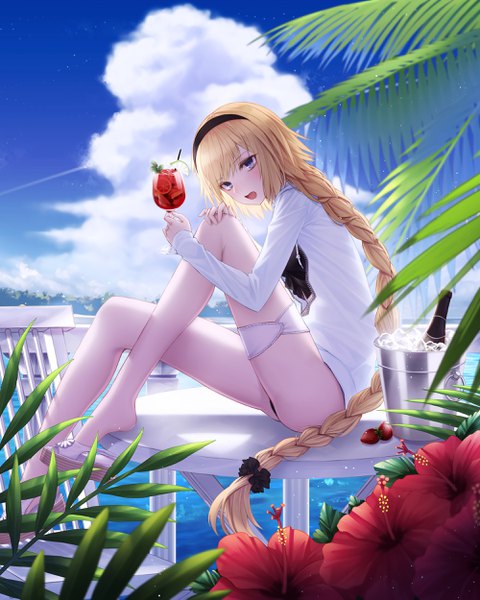Anime picture 2000x2499 with fate (series) fate/grand order jeanne d'arc (fate) (all) jeanne d'arc (swimsuit archer) cecil86 single tall image looking at viewer blush fringe highres open mouth blue eyes light erotic blonde hair sitting holding sky cloud (clouds) full body