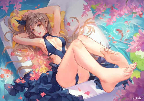 Anime picture 1400x980 with love live! school idol project sunrise (studio) love live! minami kotori atdan single long hair looking at viewer breasts open mouth light erotic brown hair yellow eyes bare legs girl dress underwear flower (flowers) panties animal