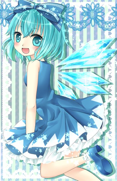 Anime picture 1300x2000 with touhou cirno harukaruha (artist) single tall image short hair open mouth blue eyes blue hair loli girl dress bow hair bow wings