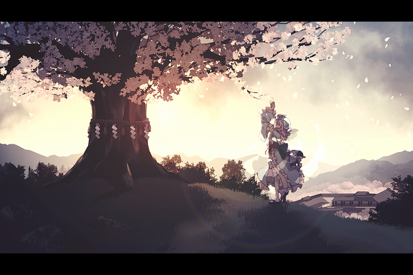Anime picture 1200x800 with touhou saigyouji yuyuko saigyou ayakashi dise single short hair standing pink hair sky full body cherry blossoms letterboxed mountain girl plant (plants) hat petals tree (trees) bonnet