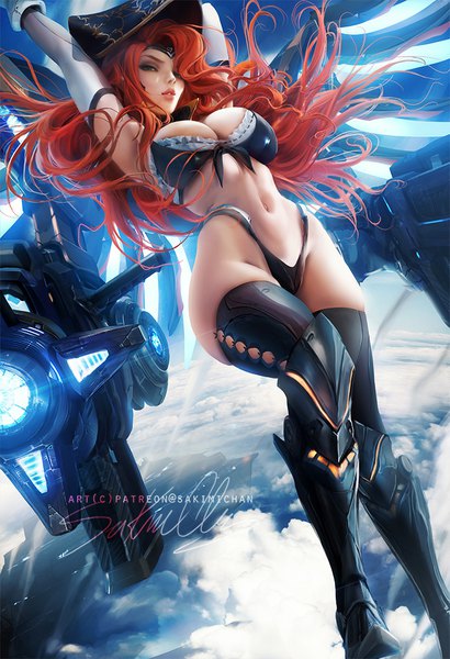 Anime-Bild 684x1000 mit league of legends miss fortune (league of legends) sakimichan single long hair tall image looking at viewer fringe breasts light erotic large breasts green eyes signed sky cleavage cloud (clouds) red hair parted lips wind lips