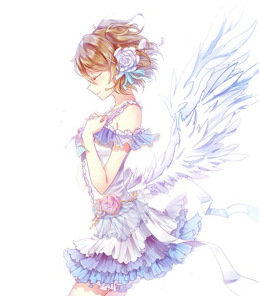 Anime picture 806x919 with love live! school idol project sunrise (studio) love live! koizumi hanayo luoye geralyuki single tall image short hair brown hair twintails eyes closed profile hair flower light smile wind hand on chest short twintails transparent background angel wings