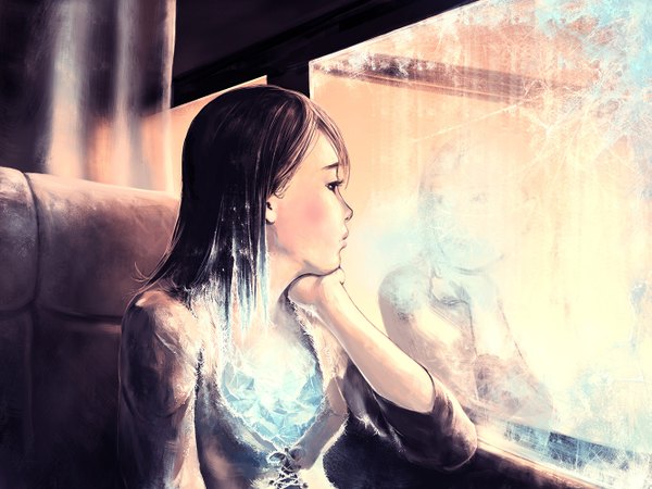 Anime picture 1333x1000 with original aquasixio (artist) single long hair blush black hair sitting looking away lips black eyes realistic open clothes arm support open shirt turning head reflection girl shirt ground vehicle ice