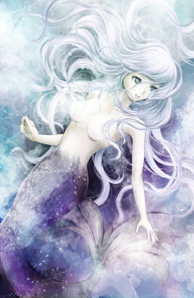 Anime picture 652x1000 with original nuwanko single long hair tall image breasts open mouth light erotic bare shoulders looking away white hair no bra grey eyes underwater girl water bubble (bubbles) mermaid