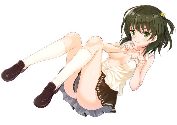 Anime picture 1500x1061 with original anza tomo single looking at viewer short hair light erotic black hair simple background white background green eyes open clothes open shirt girl skirt miniskirt shirt socks white socks