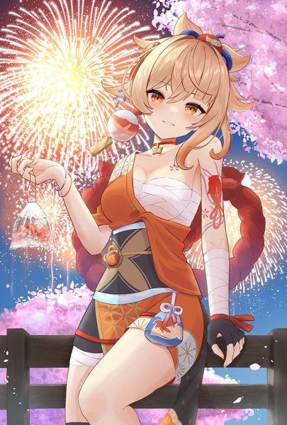 Anime picture 1571x2328 with genshin impact yoimiya (genshin impact) shuvalun8 single tall image looking at viewer blush fringe short hair breasts light erotic blonde hair hair between eyes standing bare shoulders yellow eyes traditional clothes head tilt japanese clothes night