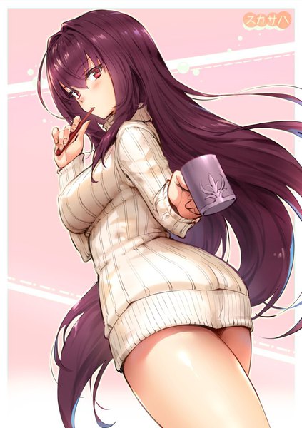 Anime-Bild 776x1100 mit fate (series) fate/grand order scathach (fate) (all) scathach (fate) haoni single tall image looking at viewer blush fringe breasts light erotic hair between eyes purple hair very long hair looking back from below border brushing teeth girl