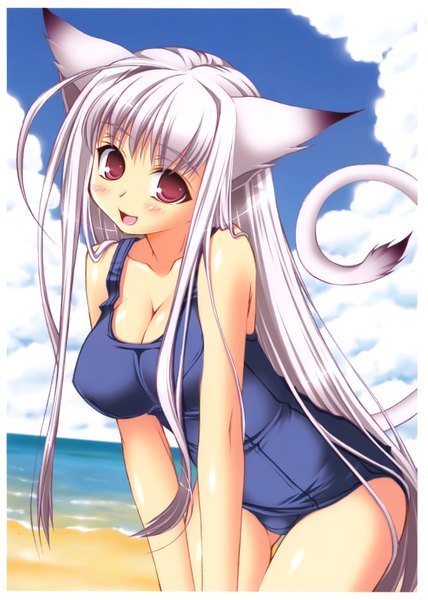 Anime picture 4460x6252 with original sasahiro long hair tall image blush highres open mouth light erotic red eyes animal ears absurdres silver hair animal tail scan girl swimsuit one-piece swimsuit school swimsuit