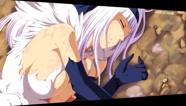 Anime picture 1200x687 with fairy tail angel (faity tail) tongasart single long hair breasts light erotic wide image large breasts white hair eyes closed torn clothes coloring on side girl gloves black gloves elbow gloves hairband