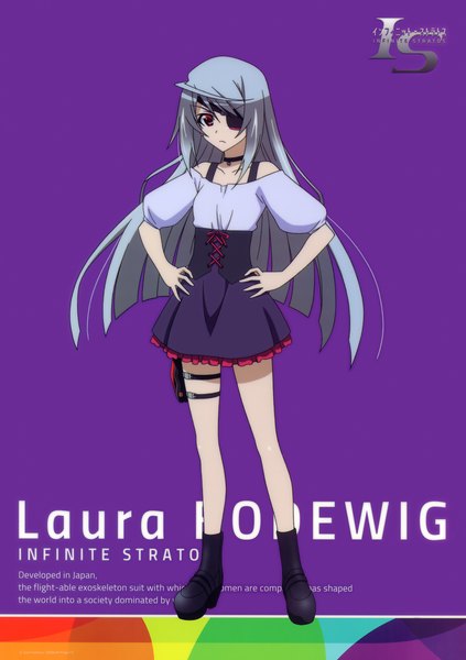 Anime picture 2755x3908 with infinite stratos 8bit laura bodewig single long hair tall image looking at viewer highres red eyes grey hair scan official art purple background girl dress boots eyepatch