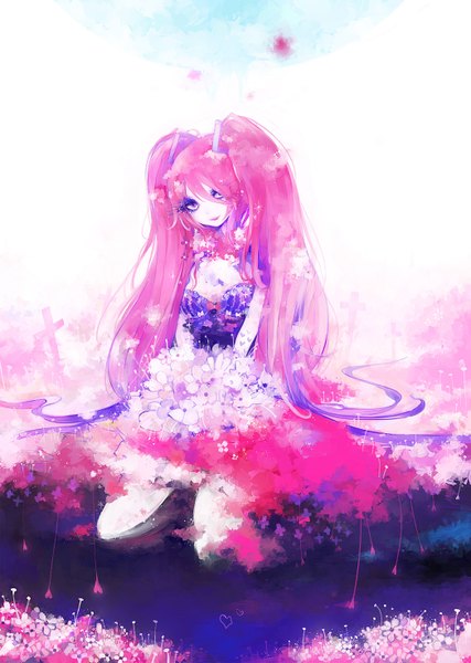 Anime picture 1048x1471 with vocaloid hatsune miku houmuari single tall image smile sitting twintails pink hair very long hair pink eyes girl flower (flowers) water heart bouquet