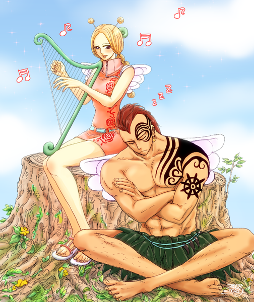 Anime-Bild 913x1085 mit one piece toei animation conis wiper shiina3 long hair tall image blush short hair blue eyes blonde hair smile brown hair sitting holding sky cloud (clouds) full body braid (braids) eyes closed