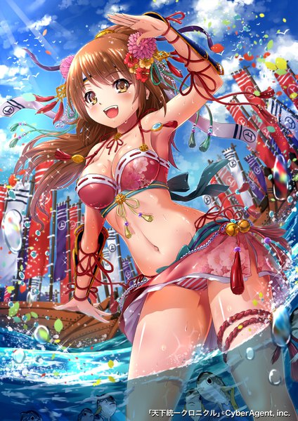 Anime picture 800x1131 with tenkuu no crystalia sakiyamama single long hair tall image looking at viewer blush fringe breasts open mouth light erotic smile brown hair large breasts standing bare shoulders brown eyes sky cleavage cloud (clouds)