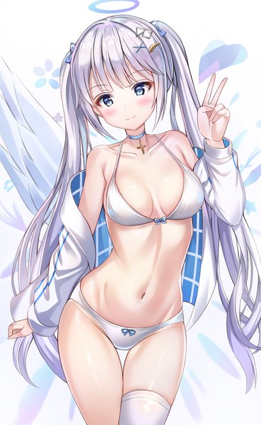 Anime picture 1400x2274 with original kitin single long hair tall image looking at viewer blush fringe breasts blue eyes light erotic simple background smile large breasts standing white background twintails payot silver hair blunt bangs