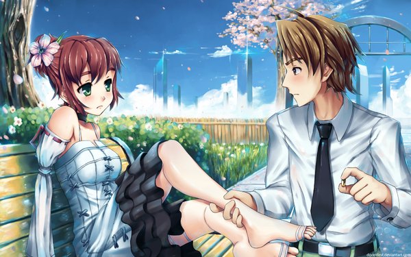 Anime picture 1920x1200 with katawa shoujo tezuka rin nakai hisao saimon ma highres brown hair wide image sitting green eyes barefoot hair flower wallpaper cherry blossoms soles alternate hairstyle amputee proposal dress hair ornament flower (flowers)