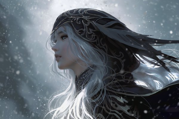 Anime picture 6144x4096 with original nixeu single long hair blush fringe highres looking away absurdres upper body white hair parted lips profile aqua eyes wind lips realistic mole snowing girl