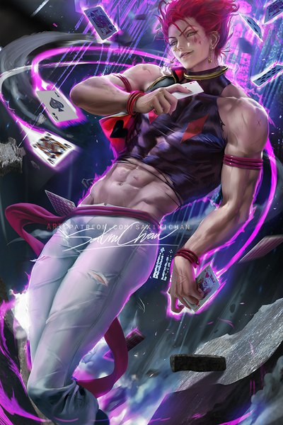 Anime picture 667x1000 with hunter x hunter hisoka (hunter x hunter) sakimichan single tall image looking at viewer short hair smile standing bare shoulders holding green eyes pink hair parted lips head tilt fingernails realistic midriff piercing torn clothes