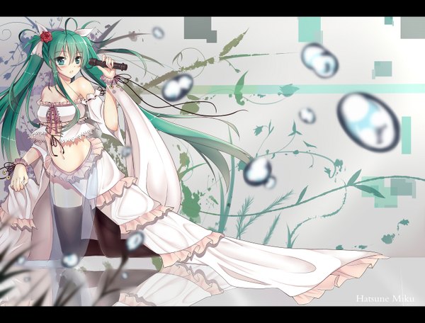 Anime picture 1500x1142 with vocaloid hatsune miku soulkiller (brz) single looking at viewer blush fringe open mouth hair between eyes twintails bare shoulders ahoge very long hair aqua eyes aqua hair bare belly kneeling girl thighhighs dress