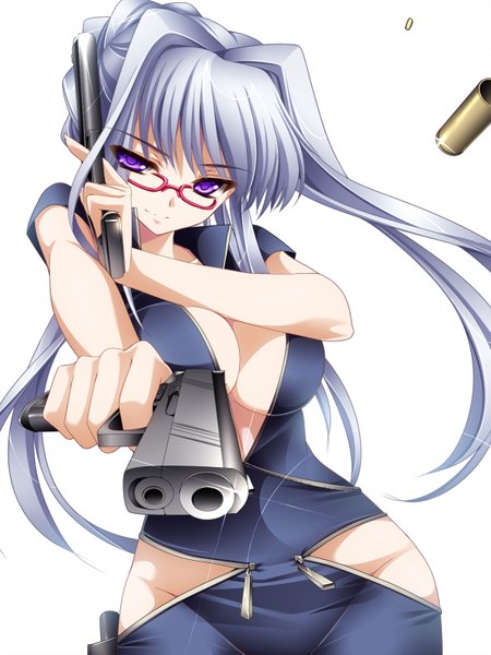 Anime picture 1200x1598 with original moneti (daifuku) single long hair tall image looking at viewer light erotic simple background white background purple eyes silver hair battle girl weapon glasses gun