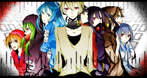 Anime picture 3369x1800 with kagerou project shaft (studio) nico nico douga mary (kagerou project) ene (kagerou project) kisaragi shintarou kido tsubomi kano shuuya kisaragi momo konoha (kagerou project) long hair looking at viewer fringe highres short hair open mouth blue eyes black hair blonde hair simple background