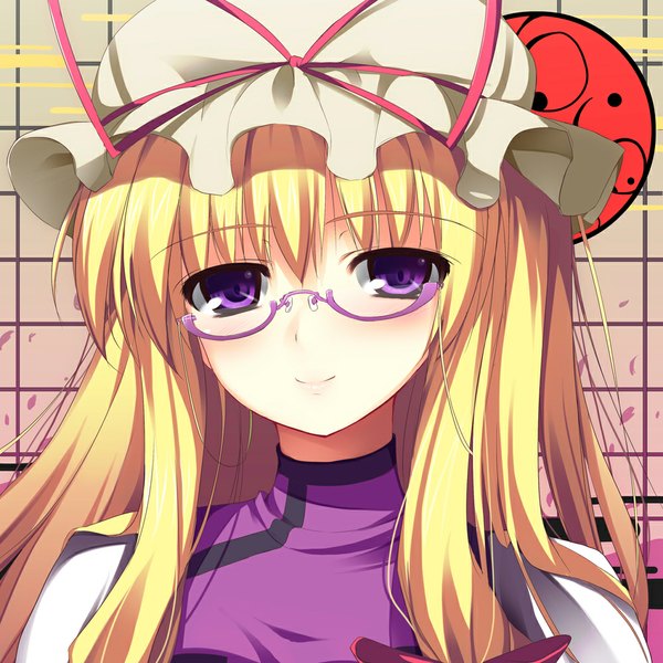 Anime picture 1000x1000 with touhou yakumo yukari kishiki kanmitsu single long hair looking at viewer blonde hair smile purple eyes girl dress glasses bonnet