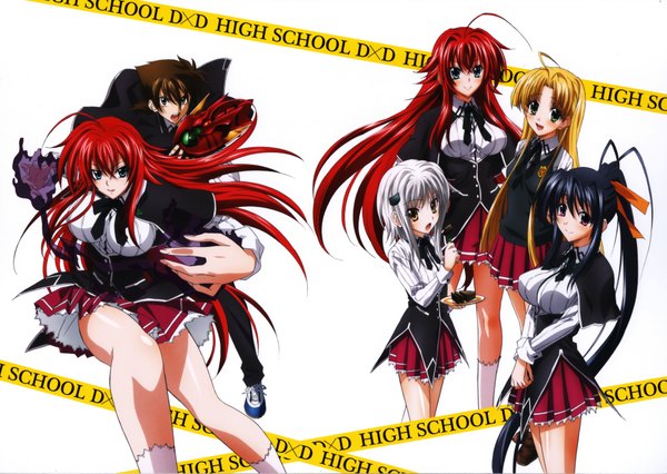 Anime picture 6930x4924 with highschool dxd rias gremory himejima akeno asia argento toujou koneko hyoudou issei miyama zero mishima hiroji long hair looking at viewer blush highres short hair open mouth blue eyes black hair blonde hair smile brown hair purple eyes