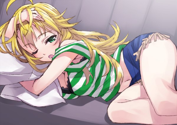 Anime picture 1695x1200 with idolmaster hoshii miki matsuryuu single long hair looking at viewer breasts open mouth light erotic blonde hair green eyes cleavage lying one eye closed wink on side saliva girl shorts lingerie