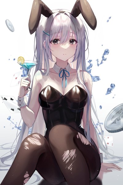 Anime picture 1600x2400 with original ekina (1217) single long hair tall image looking at viewer blush fringe breasts light erotic simple background hair between eyes sitting bare shoulders holding animal ears silver hair bent knee (knees) parted lips arm support