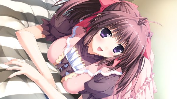 Anime picture 1920x1080 with berry's izuno youko kimizuka aoi blush highres short hair open mouth brown hair wide image purple eyes game cg girl dress bow hair bow bed