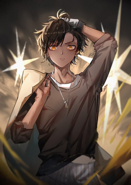 Anime picture 1080x1528 with arknights thorns (arknights) yuuki mix single tall image looking at viewer short hair brown hair standing upper body orange eyes dark skin hand on head boy pendant single glove