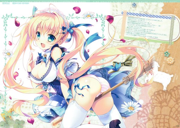 Anime picture 4763x3406 with mikeou single blush highres breasts open mouth blue eyes light erotic blonde hair twintails absurdres ass very long hair scan girl thighhighs underwear panties flower (flowers) bow