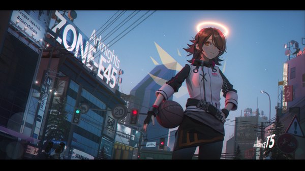 Anime picture 2560x1441 with arknights exusiai (arknights) ibara dance fringe highres short hair brown hair wide image standing brown eyes looking away outdoors hair over one eye night dutch angle night sky copyright name hand on hip lens flare watermark