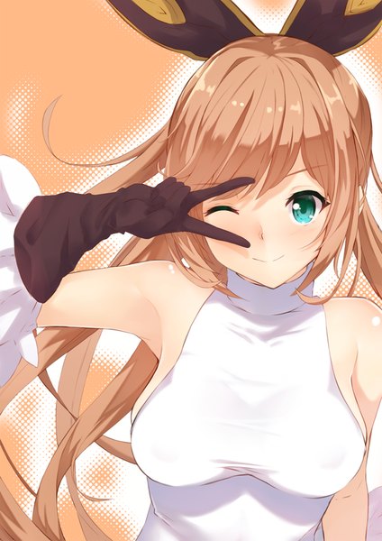 Anime picture 600x849 with granblue fantasy clarisse (granblue fantasy) anza tomo single long hair tall image fringe breasts blonde hair smile bare shoulders one eye closed aqua eyes wink victory girl gloves black gloves