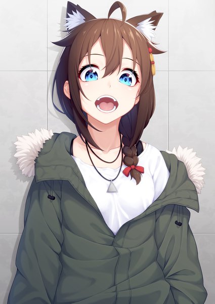 Anime picture 2508x3541 with kantai collection shigure destroyer ochiai miyabi single long hair tall image looking at viewer fringe highres open mouth blue eyes hair between eyes brown hair animal ears upper body ahoge braid (braids) cat ears off shoulder single braid
