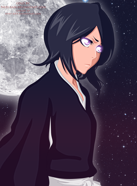 Anime picture 2000x2706 with bleach studio pierrot kuchiki rukia neee-san single tall image highres short hair black hair purple eyes japanese clothes night sky coloring girl belt kimono star (stars) full moon