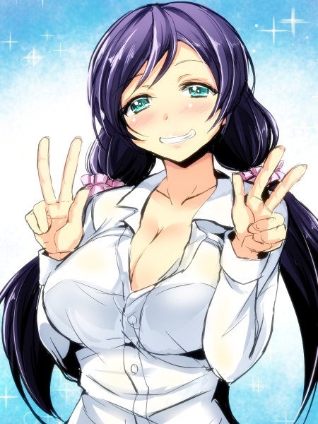 Anime picture 900x1200 with love live! school idol project sunrise (studio) love live! toujou nozomi gin'ichi (akacia) single long hair tall image looking at viewer blush breasts light erotic smile large breasts twintails cleavage purple hair aqua eyes no bra teeth