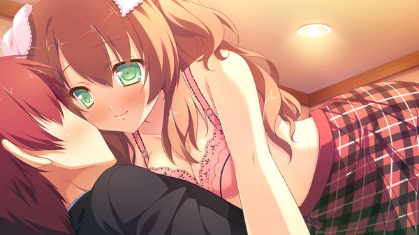 Anime picture 1280x720 with naka no hito nado inai kirihara saori nimura yuuji long hair blush short hair light erotic brown hair wide image green eyes game cg red hair girl boy