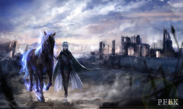 Anime picture 1600x960 with original pixiv fantasia pixiv fantasia fallen kings achyue long hair looking at viewer blue eyes wide image white hair pointy ears walking river ruins girl weapon animal sword water armor building (buildings)