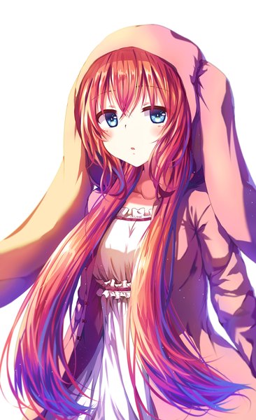 Anime picture 1669x2736 with original isumi (yangyan) single long hair tall image looking at viewer blush fringe open mouth blue eyes simple background hair between eyes white background animal ears payot purple hair red hair multicolored hair open clothes bunny ears
