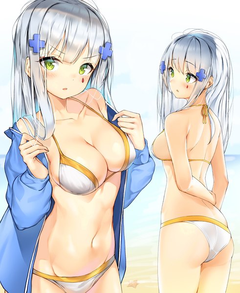 Anime picture 1635x2000 with girls frontline hk416 (girls frontline) lee seok ho long hair tall image looking at viewer blush fringe breasts open mouth light erotic large breasts standing green eyes payot silver hair ass outdoors blunt bangs off shoulder