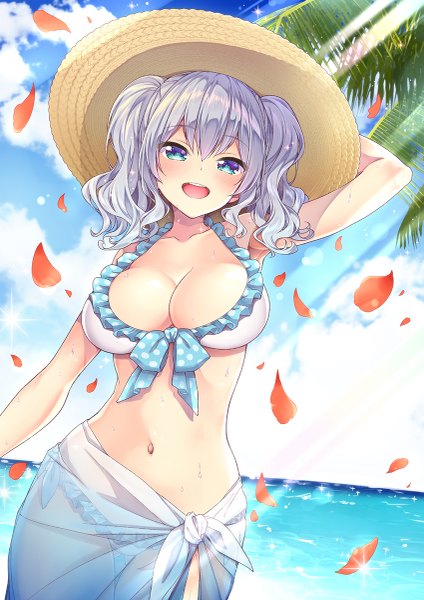Anime picture 849x1200 with kantai collection kashima training cruiser hakui ami single long hair tall image looking at viewer blush fringe breasts open mouth blue eyes light erotic smile hair between eyes large breasts standing twintails bare shoulders payot
