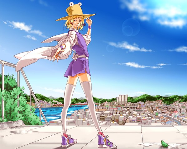 Anime picture 1280x1024 with touhou moriya suwako short hair blue eyes sky cloud (clouds) light smile city cityscape mountain girl thighhighs skirt hat white thighhighs socks skirt set stairs frog